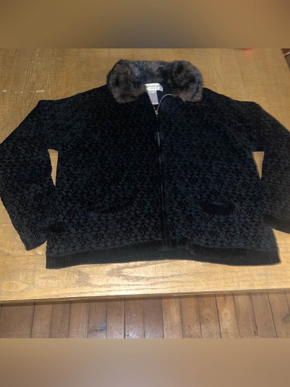 Jones New York Vintage Black Brown Fur Trim Jacquard Cardigan Sweater Sz L